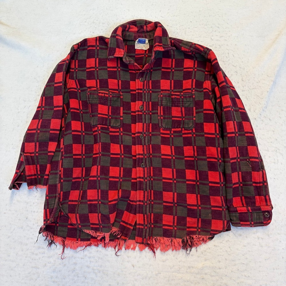 READ Champion Flannel Shirt Mens XL Red Plaid Frayed Hem Distressed